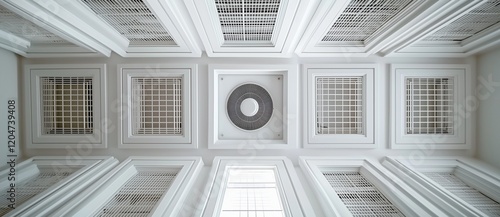 Obraz na płótnie Office ceiling view showing square grilles and central fan. w salonie