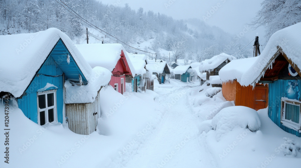 Snow Storm, Snow-covered houses line a winter path, creating a serene scene in a tranquil, snowy landscape. Snow Storm, Snow-covered houses line a winter path, creating a serene scene in a tranquil, snowy landscape.