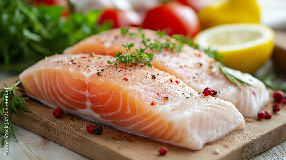 Fresh salmon fillets prepared with herbs and spices on a wooden cutting board Fresh salmon fillets prepared with herbs and spices on a wooden cutting board