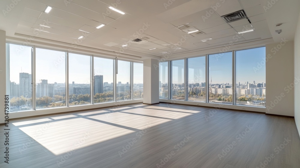 Empty office interior with panoramic window and city views. Empty modern open space. Studio for rental. Real estate agency. Empty office interior with panoramic window and city views. Empty modern open space. Studio for rental. Real estate agency.