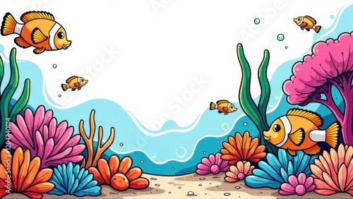 Colorful Underwater Scene with Clownfish and Coral Reef photo