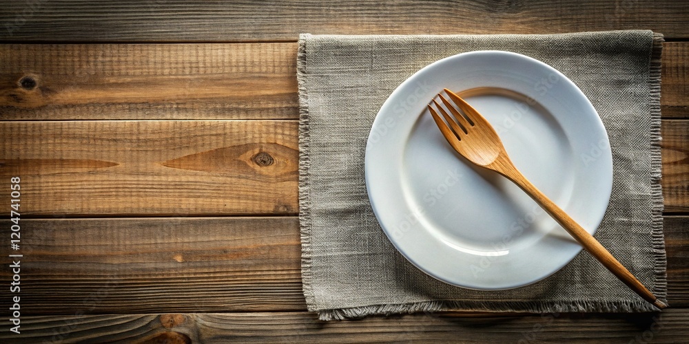 Minimalist Table Setting: White Plate, Wooden Cutlery, Linen Placemat - Macro Stock Photo Minimalist Table Setting: White Plate, Wooden Cutlery, Linen Placemat - Macro Stock Photo