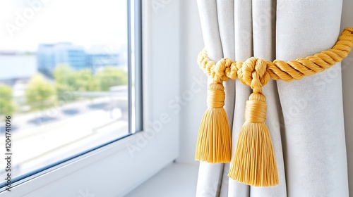 Mustard Yellow Rope Curtain Tiebacks  White Curtains  Window View photo