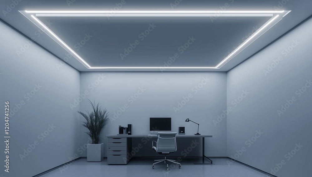 Minimalist 3D room with sleek furniture and contemporary ceiling lights.