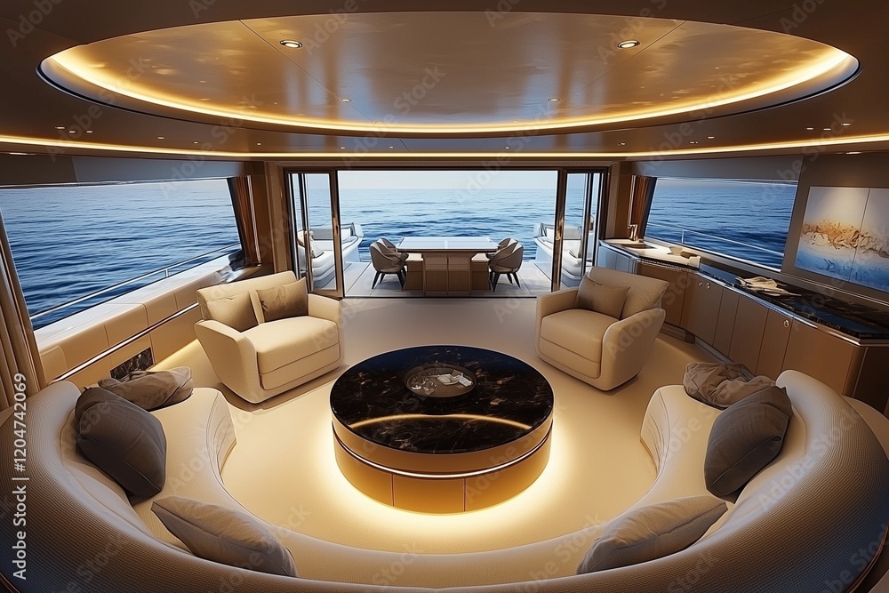 Top-down 3D view of yacht living room with circular furniture layout.