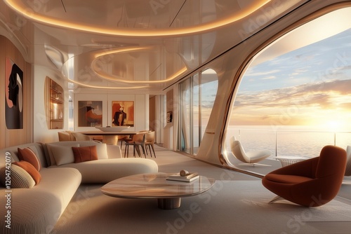 Obraz na płótnie Elegant yacht living room in 3D with minimalist design and panoramic views. w salonie