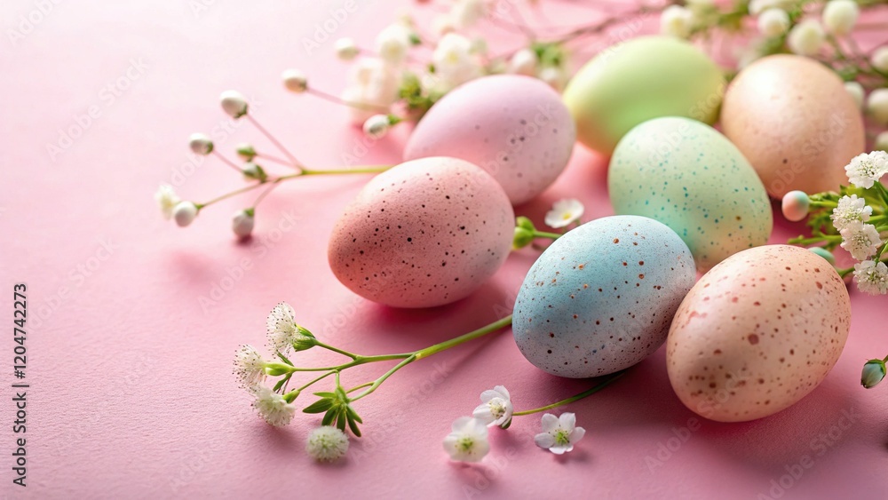 Obraz premium Pastel Easter Eggs & Flowers Spring Festive Background