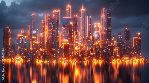 Futuristic city skyline at night, reflecting on water.