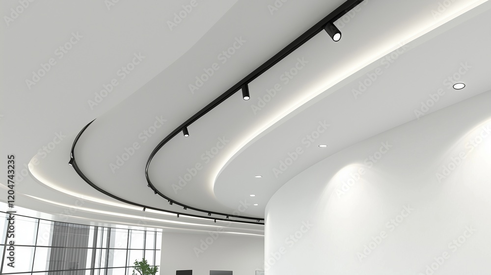 Curved white ceiling and black track lighting in office.