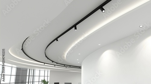 Obraz na płótnie Curved white ceiling and black track lighting in office. w salonie