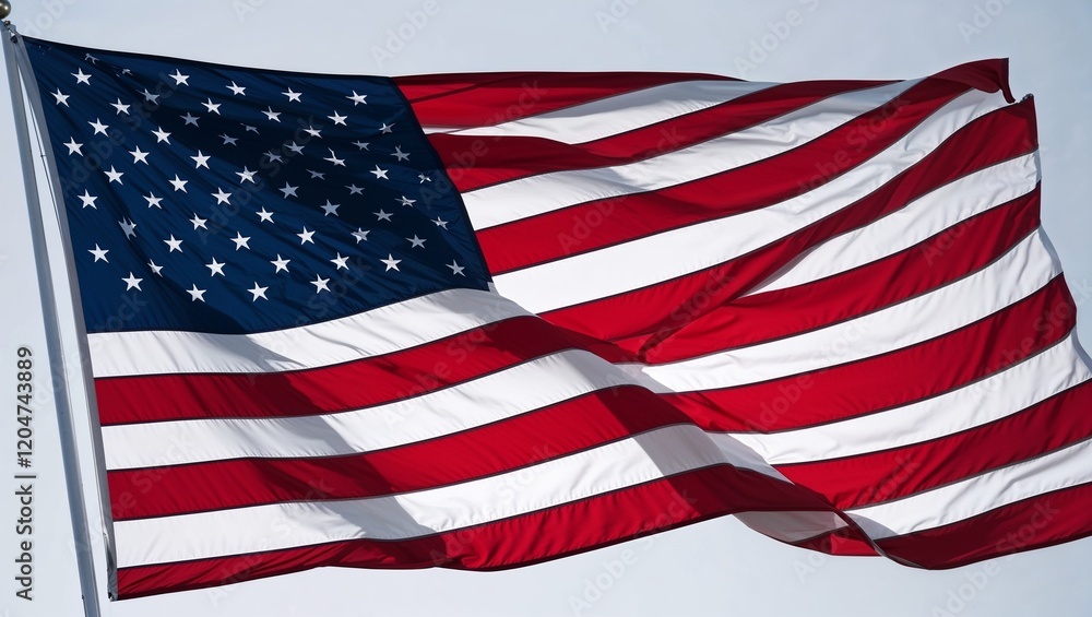 Obraz premium A beautifully flowing American flag against a bright sky backdrop.