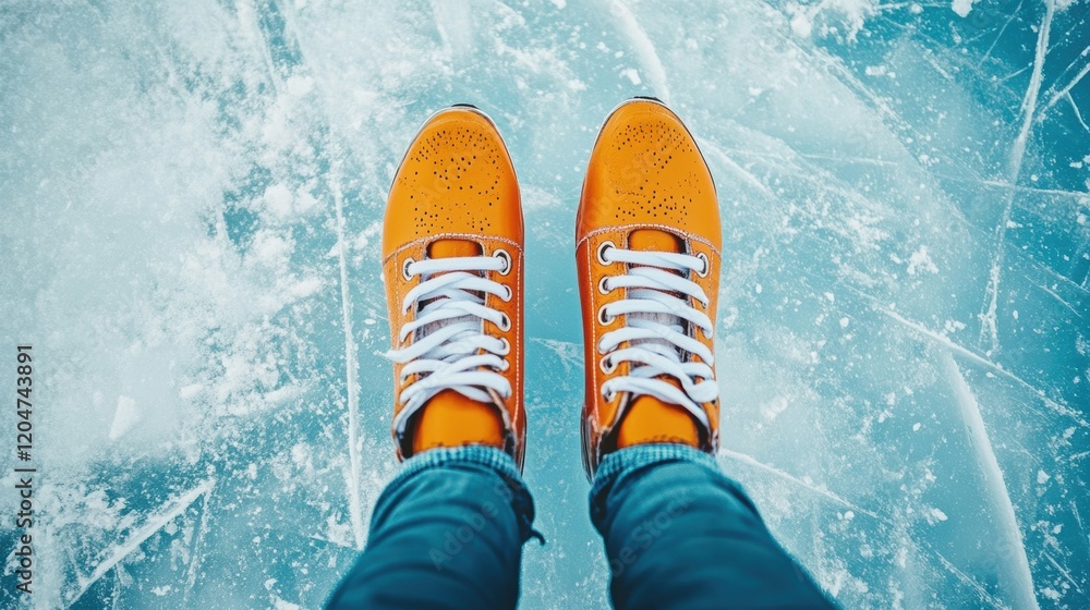 Closeup of skater feet in ice-skating boots shoes with blade on ice surface. Closeup of skater feet in ice-skating boots shoes with blade on ice surface.