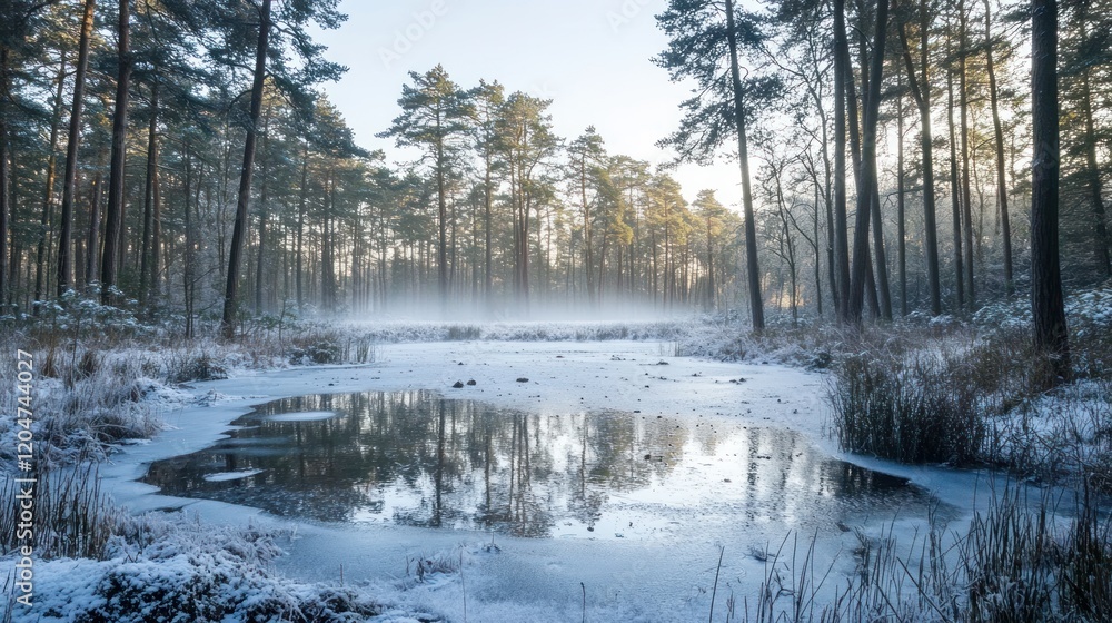 Obraz premium A serene winter landscape with a frozen pond surrounded by tall trees and mist.