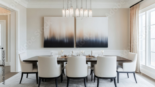 Elegant Dining Room Interior: A sophisticated dining room features a long dark wood table surrounded by elegant off-white chairs.  Large abstract art hangs above.