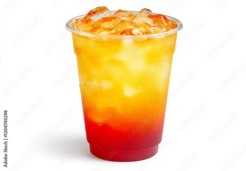 Lemonade with vibrant orange and yellow tones in a plastic cup Lemonade with vibrant orange and yellow tones in a plastic cup