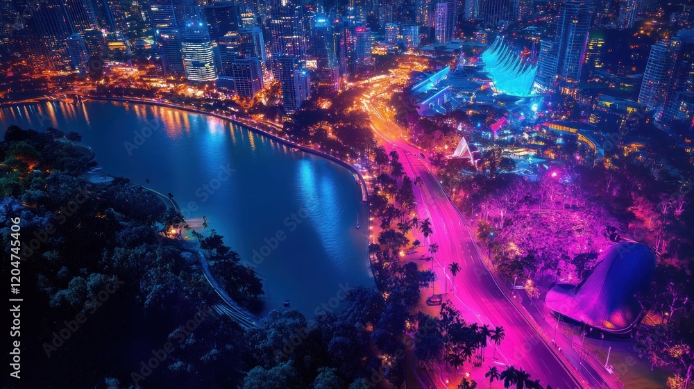 Fototapeta premium A vibrant cityscape at night with colorful lights and a serene water view.