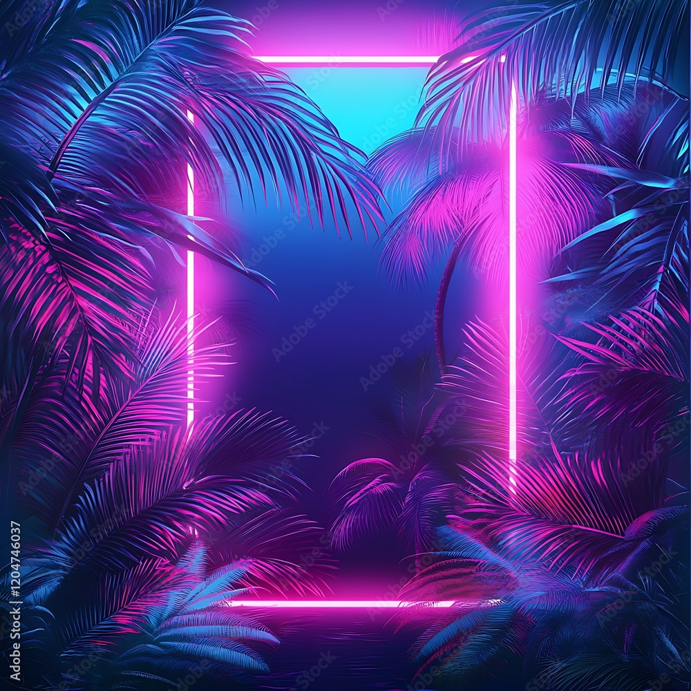 Illustration of a Tropical Background in Neon Light in Retro Style Illustration of a Tropical Background in Neon Light in Retro Style