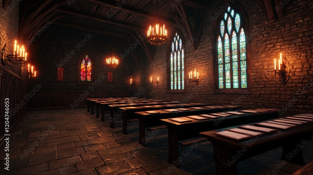 Fototapeta premium Majestic Gothic Hall with Candles and Stained Glass Windows