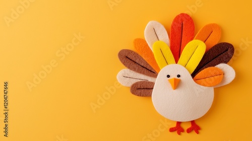 Felt Turkey Display, vibrant orange brown and yellow crafted turkey resting flat on a bright orange backdrop, ample free space for creative use or messaging photo