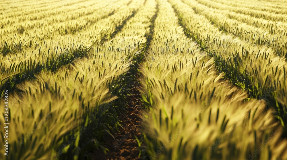 Lush Golden Wheat Field with Vibrant Green Rows at Sunset Lush Golden Wheat Field with Vibrant Green Rows at Sunset