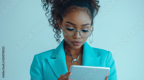 reative entrepreneur in a teal blazer, adjusting her glasses while looking at a tablet photo