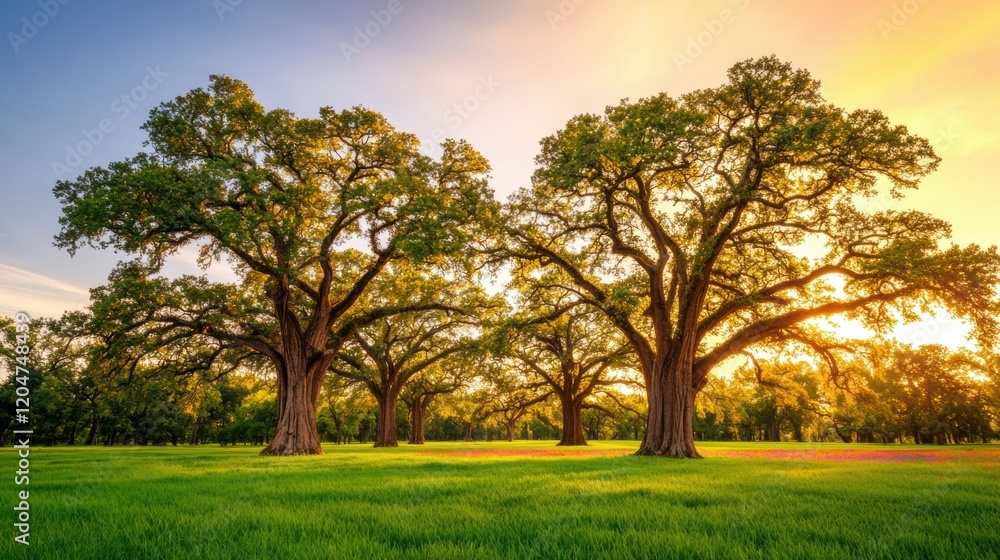 Majestic Oak Trees Under Bright Sunset in Open Green Field Majestic Oak Trees Under Bright Sunset in Open Green Field
