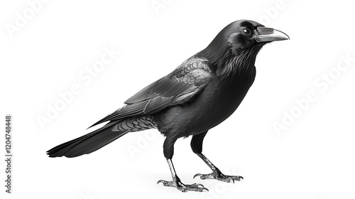 Black crow stands on one leg against isolated transparent background. Wings spread, tail feathers tucked. Head turned, beak pointed downwards. Gaze directed to right side. Alpha mask. photo