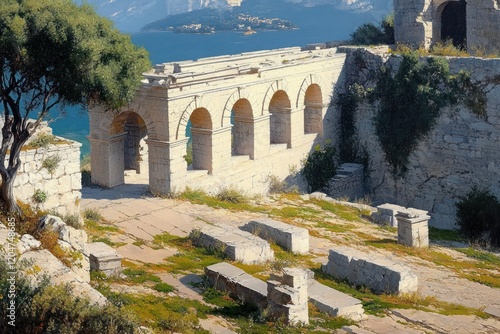 Mediterranean Landscape with Ancient Ruins Soft Light Taranto Puglia Italy photo