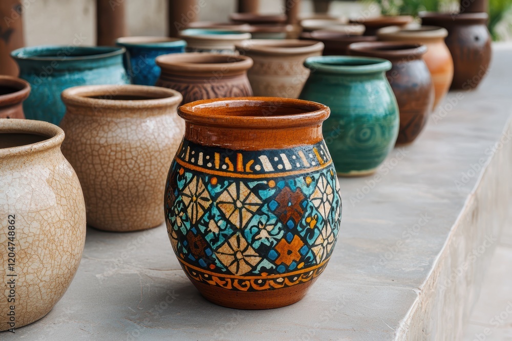Hand-painted ceramic pots on display at a market Hand-painted ceramic pots on display at a market