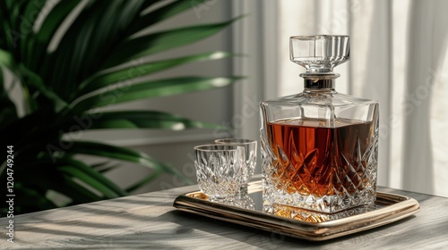 Crystal decanter of amber liquor with two glasses on a gold tray photo