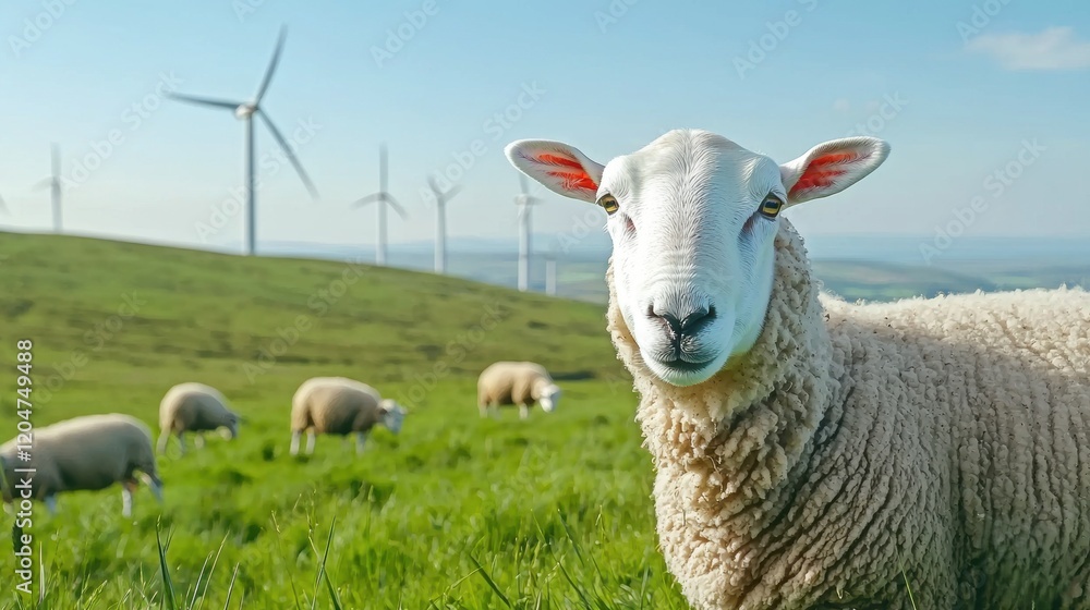Fototapeta premium Sheep in Green Field with Wind Turbines in Clear Blue Sky