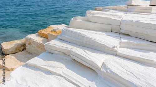 Detailed shot of textured rocks on Shikinejima Island’s beach, their smooth, curved surfaces adorned with abstract patterns of grey and white lines. photo