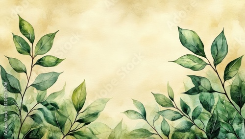 Watercolor Decorative Frame with Green Leaves and Beige Brick Texture for Spring and Summer Nature Background