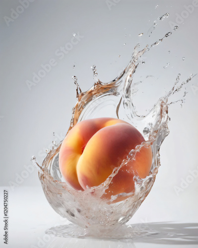 Peach dance amidst splashing droplets; vitality frozen. photo