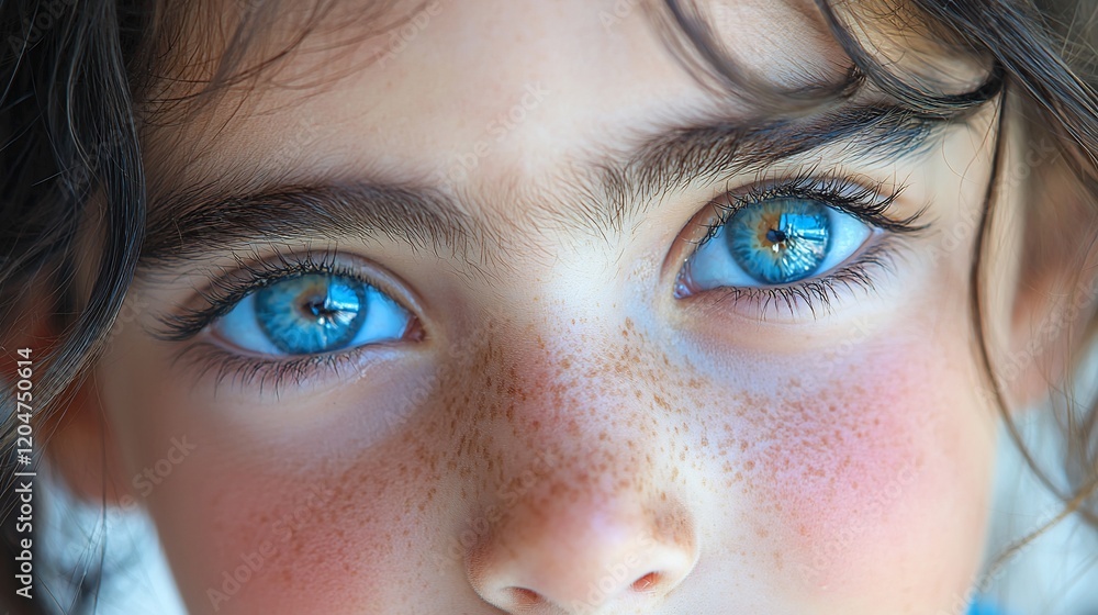 Close-up of a girl's bright blue eyes and freckled face. Close-up of a girl's bright blue eyes and freckled face.