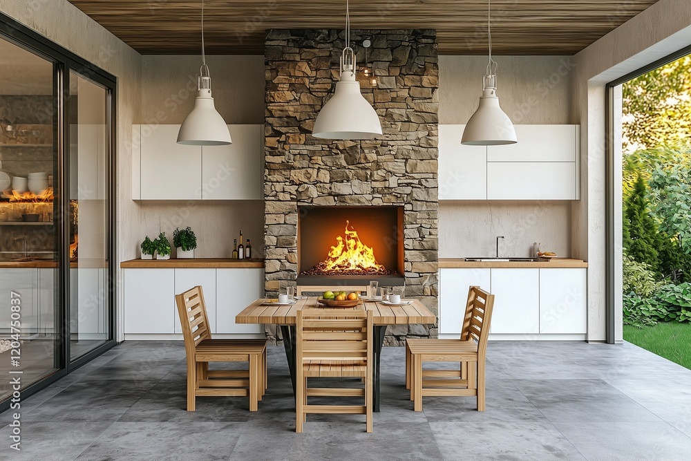3D minimalist outdoor kitchen with dining and garden backdrop.