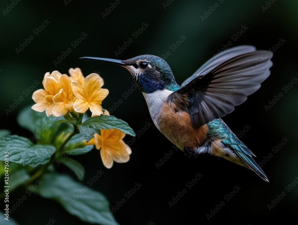 Fototapeta premium Hummingbird in flight near yellow flowers