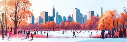 Ice skating rink with New York City skyline with skyscrapers.