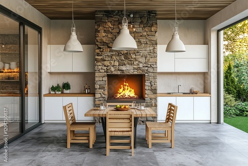 3D minimalist outdoor kitchen with dining and garden backdrop.