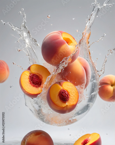 peach,peaches,Fruit,Juicy,Fresh,Sweet,Splash,Water droplets,Ripples,Freshness,green fruit,Vibrant,Refreshing,Dynamic,Vivid,Delicious,Wet,Bursting,Summery,Lively,Tempting,Juiciness,Popping,Saturated,Ta photo