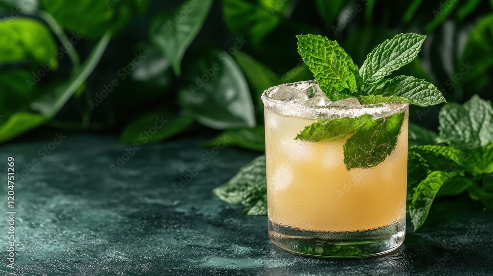 Refreshing summer cocktail with mint and ice in a rocks glass Refreshing summer cocktail with mint and ice in a rocks glass