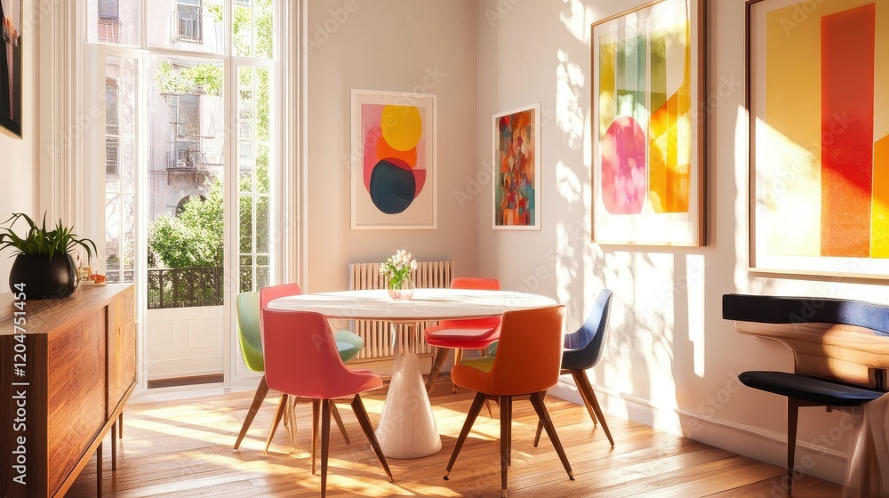 Obraz premium A colorful dining room with a round table and chairs