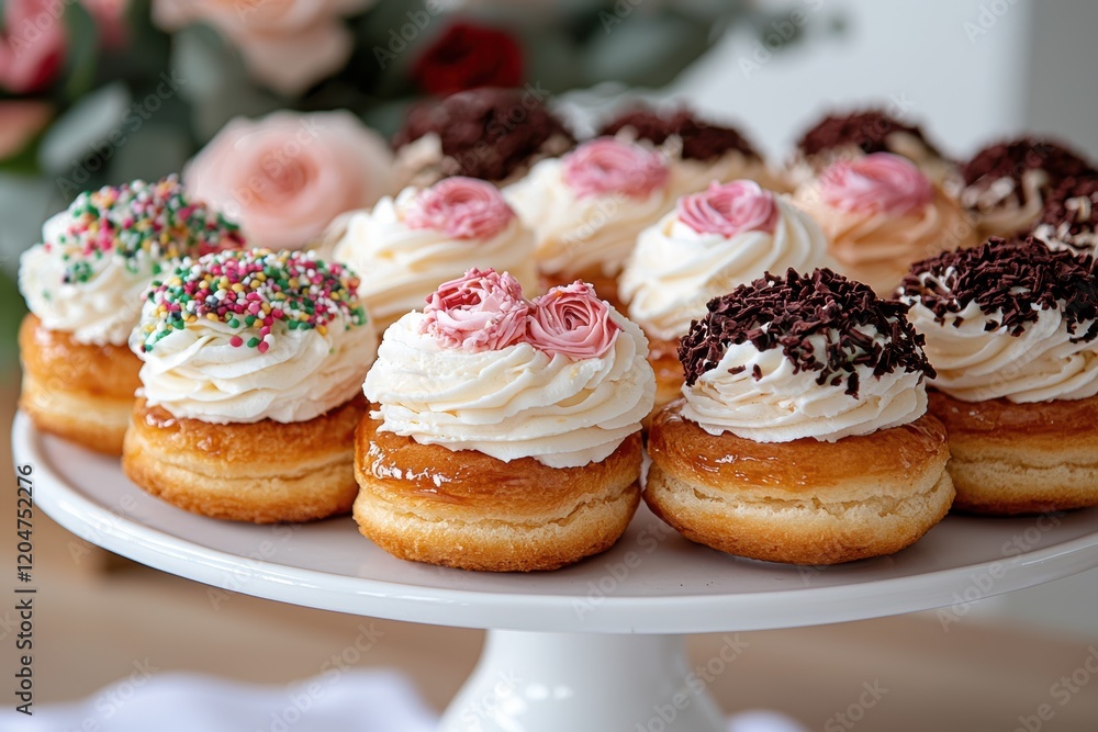 Closeup of assorted cream-filled pastries with various toppings Closeup of assorted cream-filled pastries with various toppings