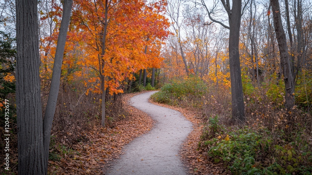 Obraz premium Autumnal Path: A Serene Walk Through Vibrant Fall Foliage