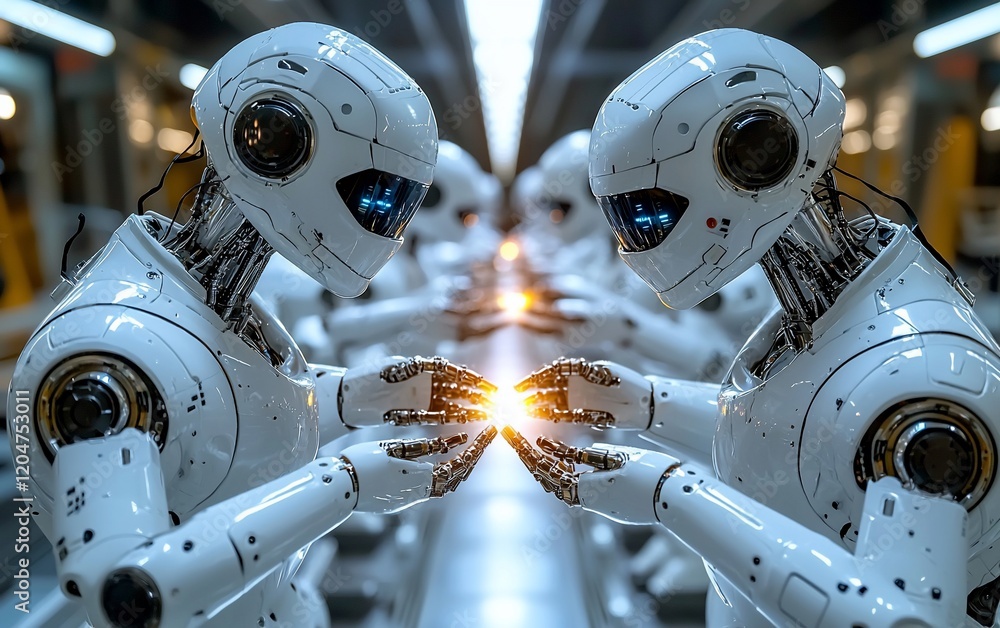 Fototapeta premium Two robots working together, futuristic technology.