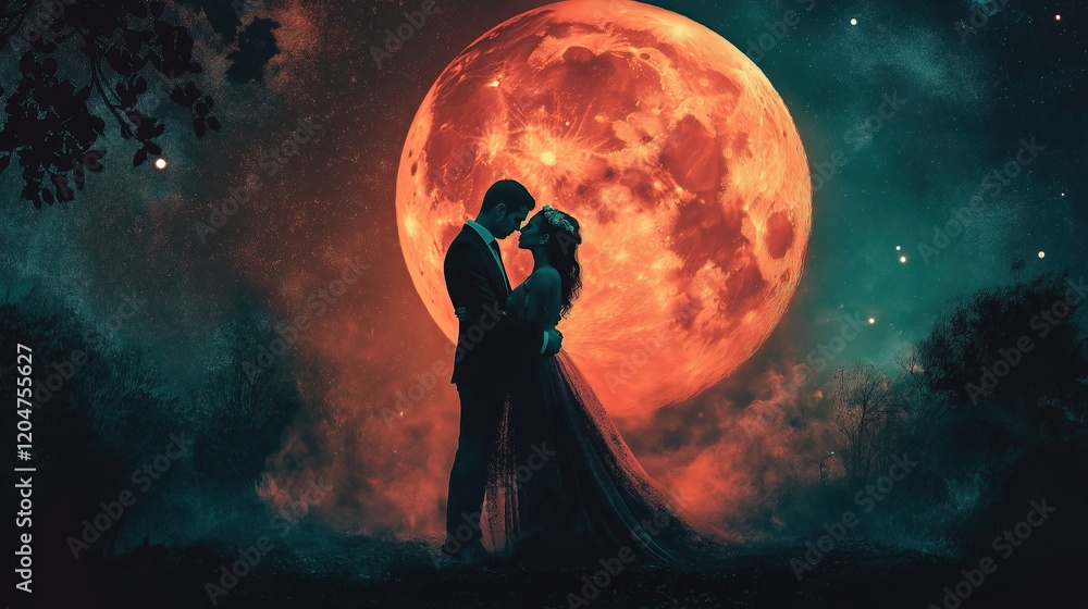 Fototapeta premium A couple is kissing under a large red moon