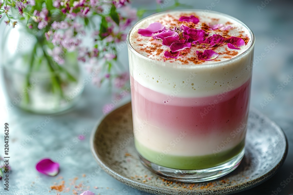 Layered drink with rose petals and spices. A visually appealing beverage perfect for a relaxing moment. Layered drink with rose petals and spices. A visually appealing beverage perfect for a relaxing moment.