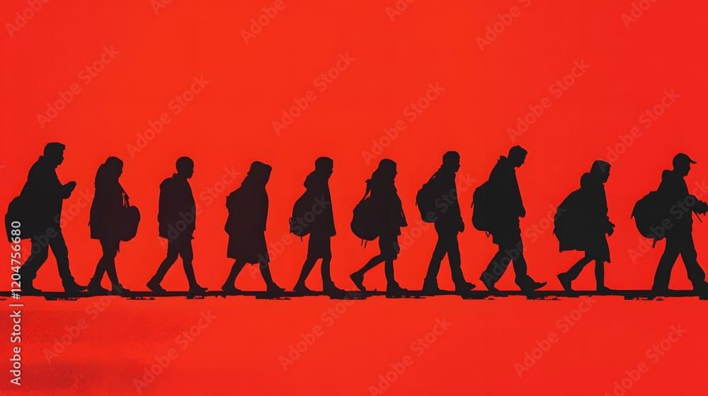 Obraz premium Silhouetted figures walk in a vibrant red background
