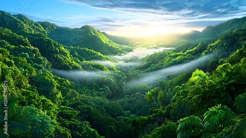 lush tropical rainforest sunrise - aerial views: the overhead persp. photo