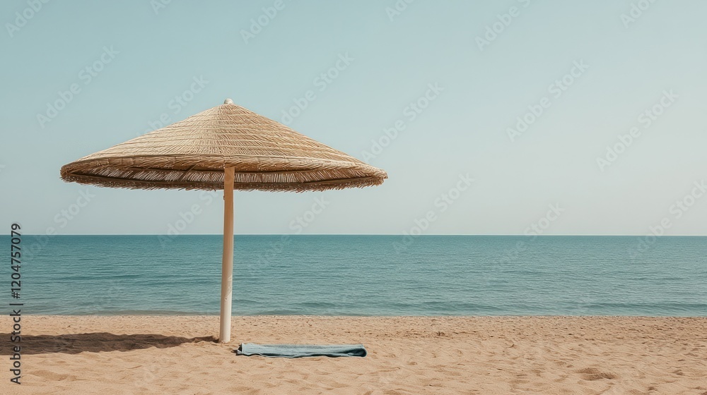 Fototapeta premium Serene Beach Umbrella Scene: Coastal Calmness